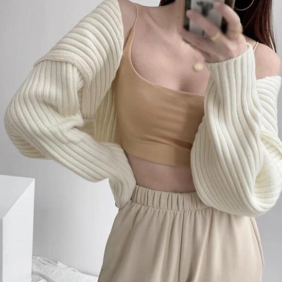 LEWKIN Korean Ribbed Open Cream Bolero Shrug - Picture 1 of 2